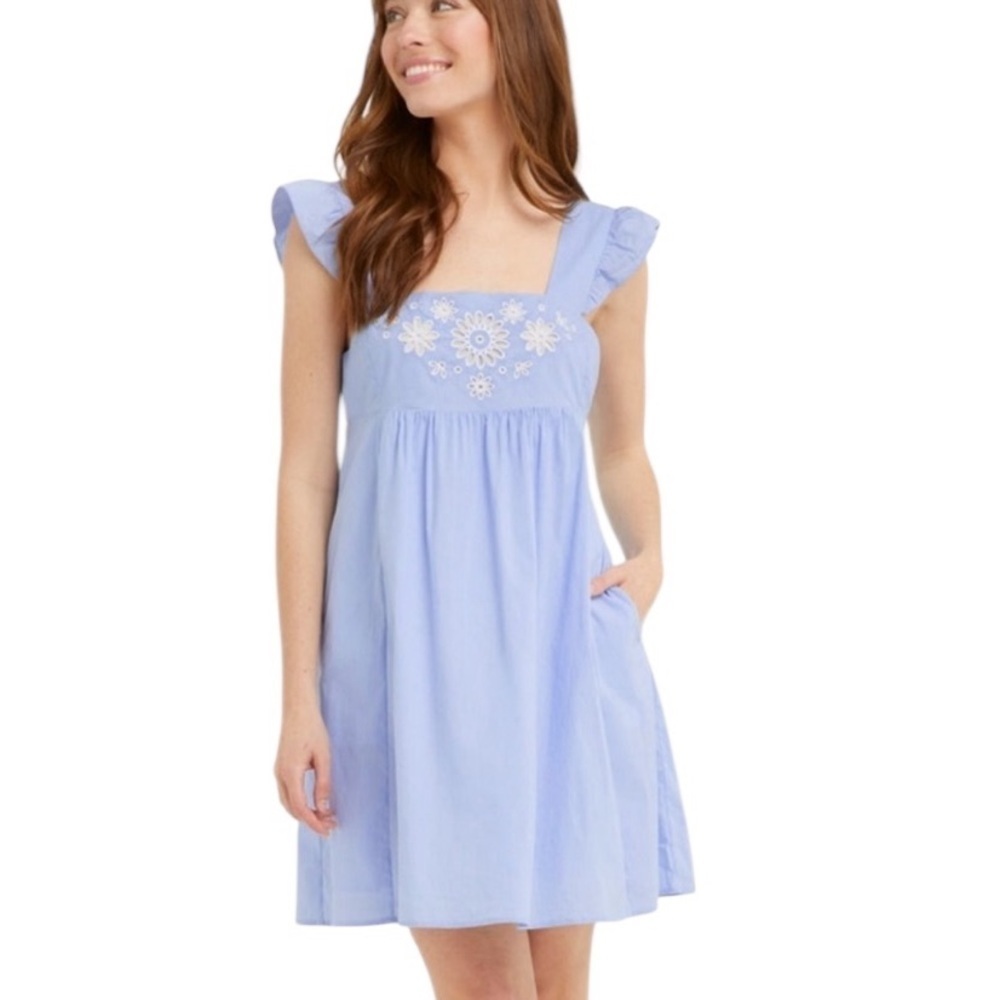 Draper James Maddie Embroidered Babydoll Mini Dress Blue Stripe Size XXL NWT